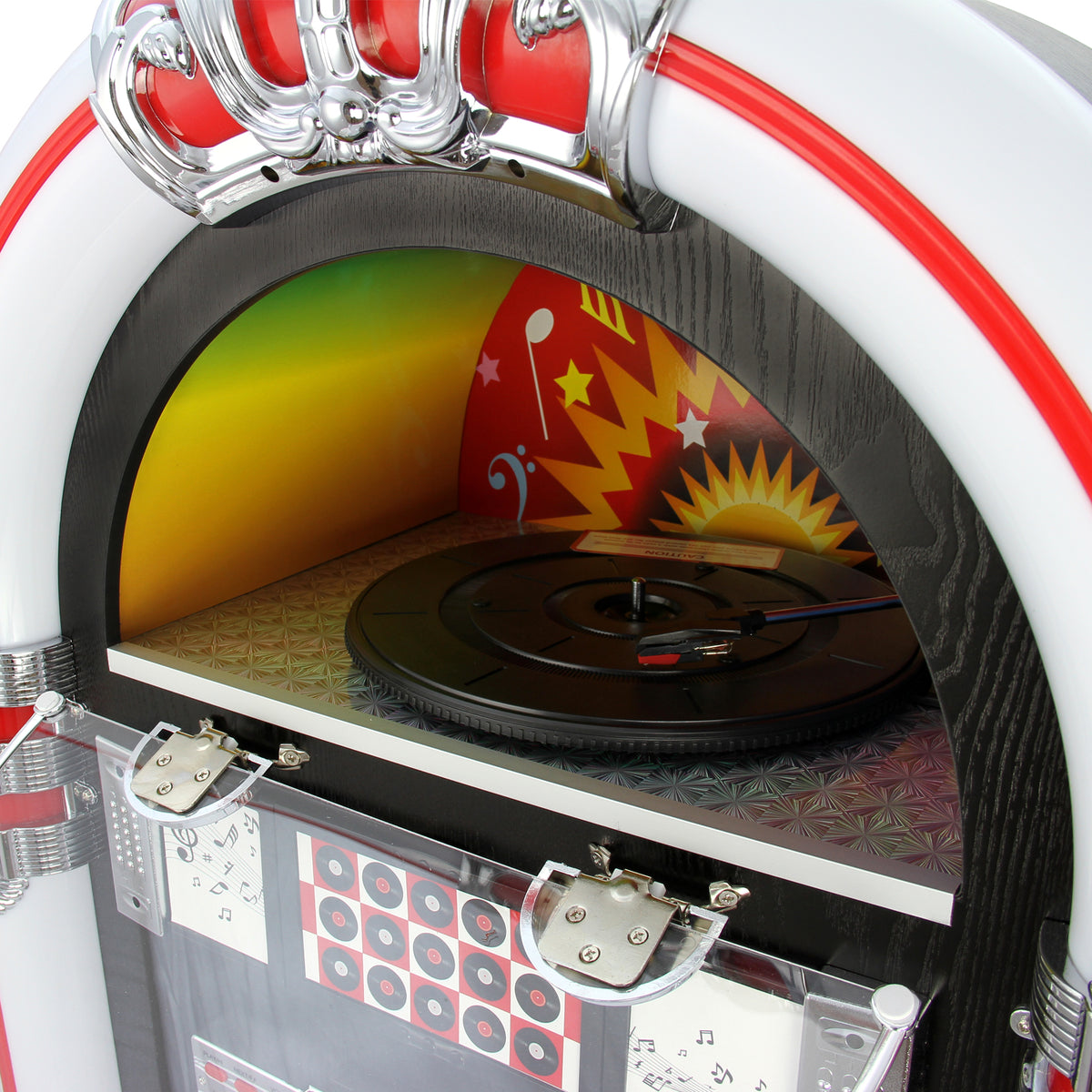 Bunte Vinyl-Jukebox mit glänzenden Chromdetails, schwarzem Plattenspieler und lebhaftem, retro-inspiriertem Hintergrunddesign