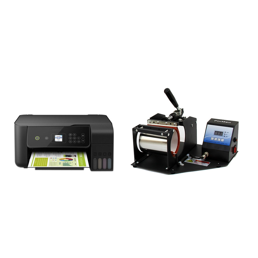 Schwarzer Tintenstrahldrucker neben einer Tassenpresse mit digitalem Display, ideal für personalisierte Tassen und kreative Druckprojekte