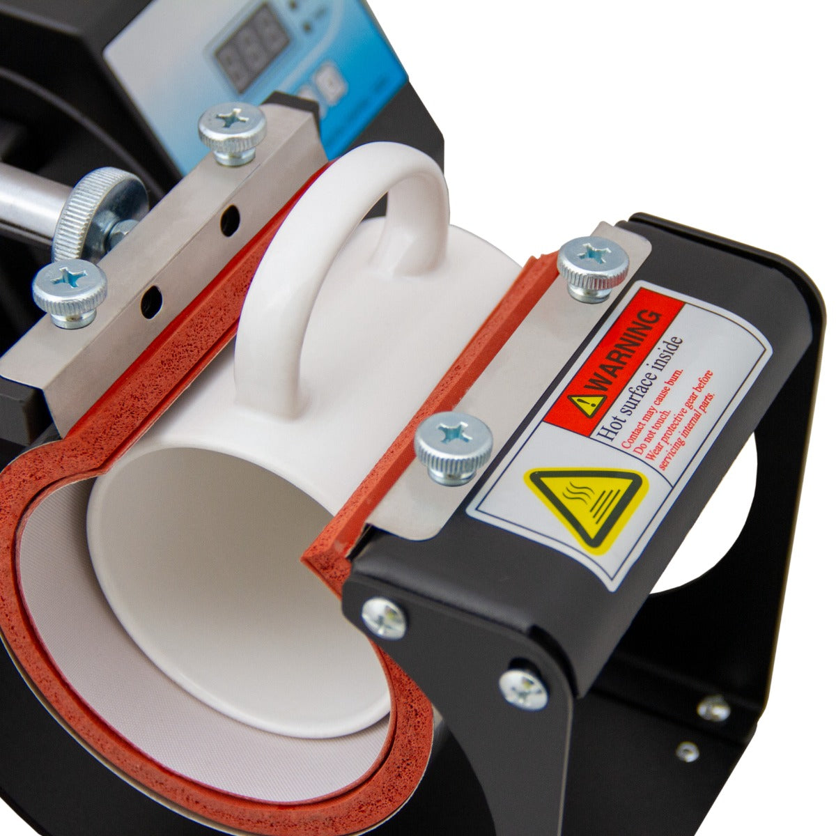 Schwarze PixMax Tassenpresse mit rotem Silikonring, zeigt die Heizfläche und einen weißen Becher, ideal für personalisierte Tassen-Transfers