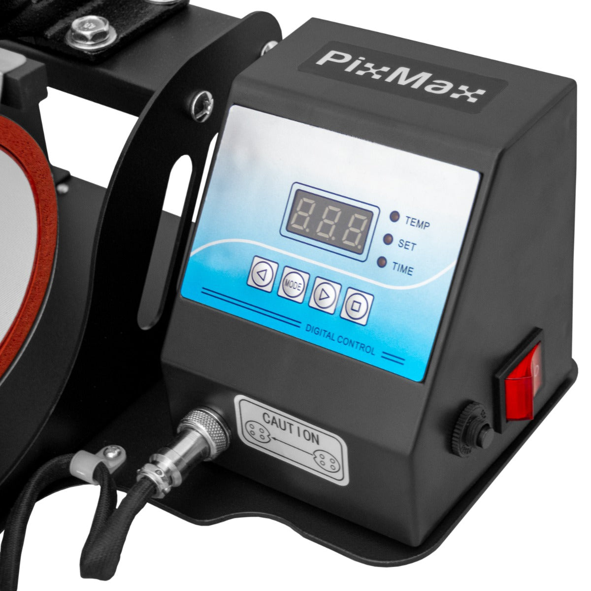 Die PixMax Tassenpresse zeigt ein kompaktes, schwarzes Gehäuse mit einem digitalen Steuerdisplay, Tasten zur Temperatureinstellung und einem Schlauchanschluss