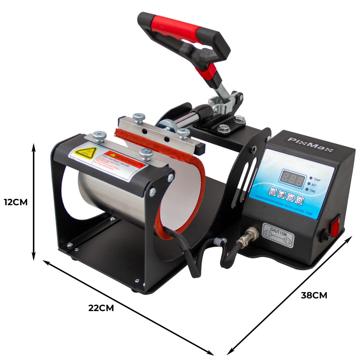 Die PixMax Tassenpresse ist eine kompakte Transferpresse mit einem stabilen schwarzen Gehäuse, rotem Griff und digitalem Display für präzise Temperaturkontrolle