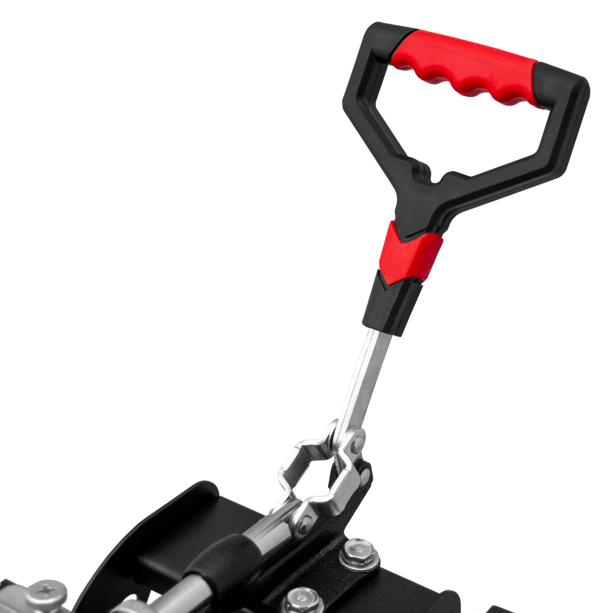 Robuster Tassenpresse mit rotem, ergonomischem Griff und silbernem Metallmechanismus, ideal für präzise Transferdrucke auf Tassen