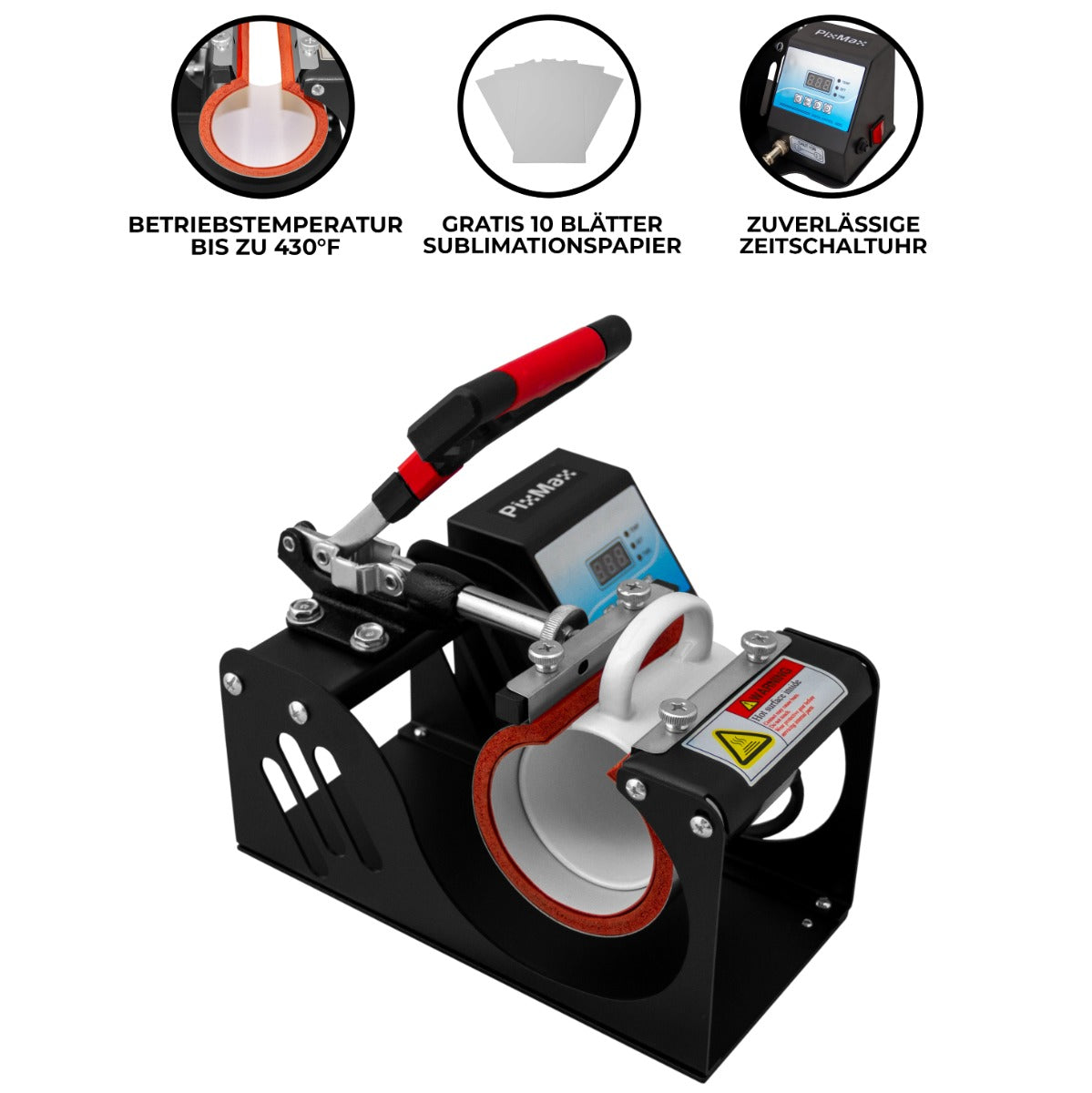 Schwarze PixMax Tassenpresse mit rotem Griff, digitalem Display und Temperaturregelung, ideal für Sublimationsdruck auf Tassen