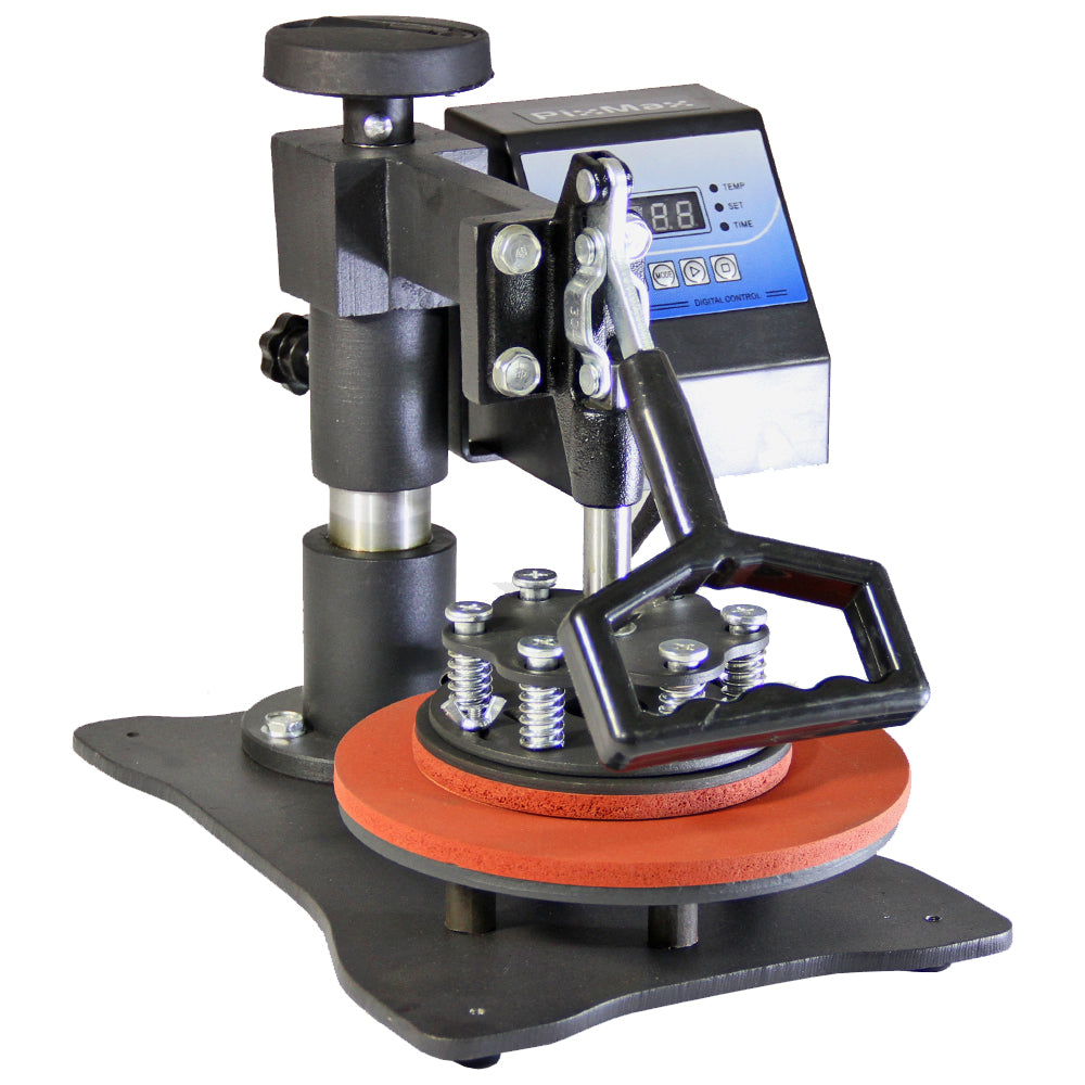Schwarze PixMax Teller Transferpresse mit rotem Silikonpad, digitalem Display und stabiler Handhabung, ideal für Sublimationsdrucke