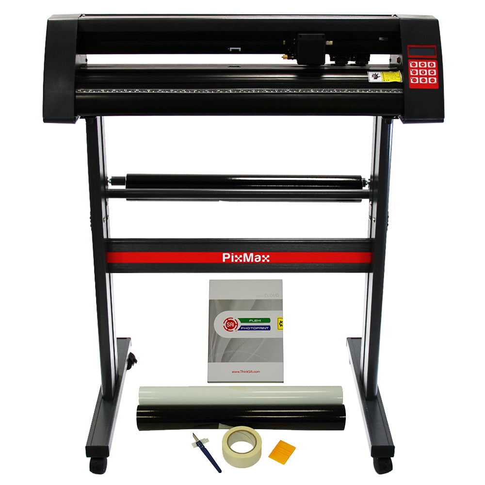 Schwarzer PixMax 720mm Vinyl Schneideplotter mit rotem Logo, stabiler Metallrahmen, Zubehör wie Folie, Anleitung und Werkzeug auf einem weißen Hintergrund
