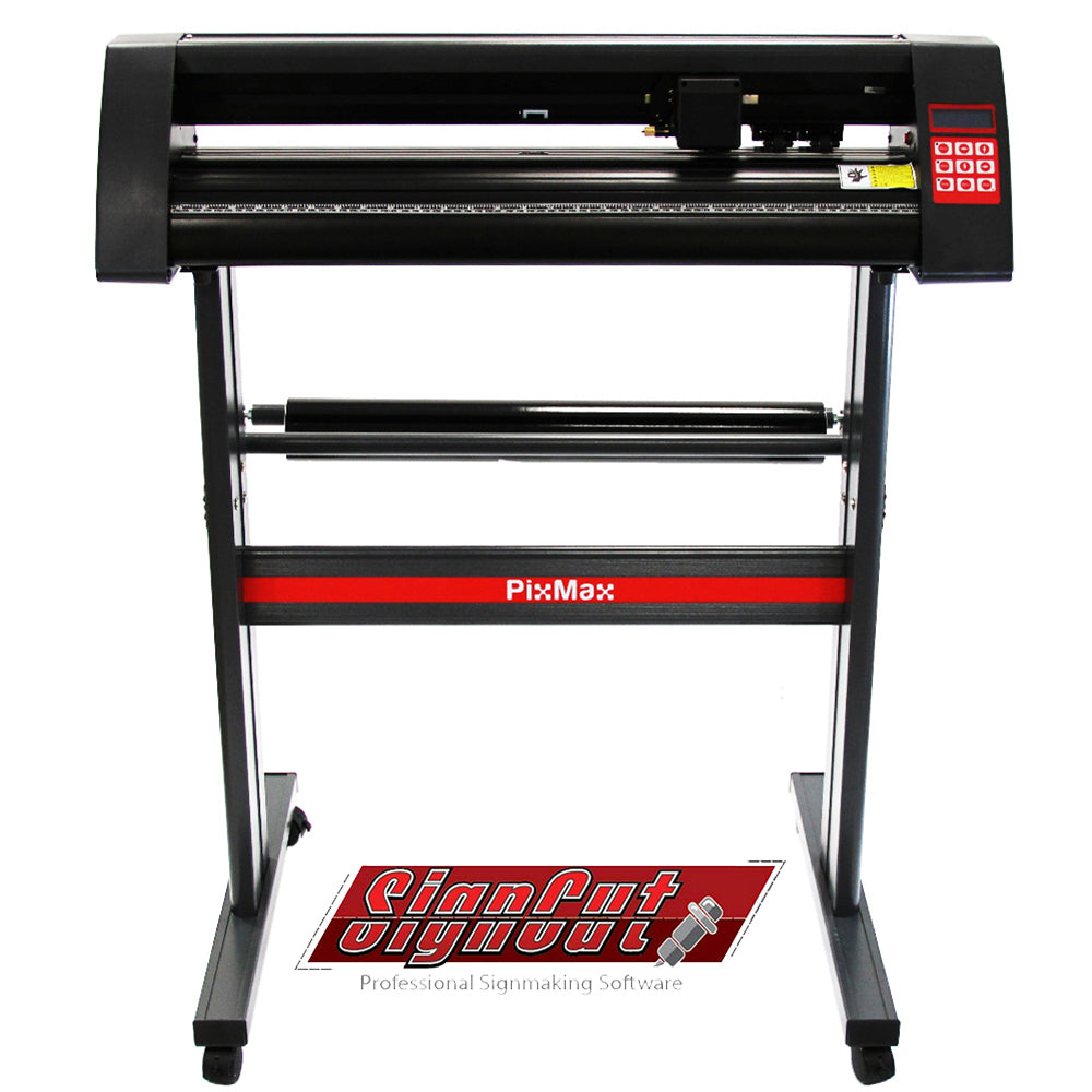 Schwarzer PixMax 720mm Vinyl Schneideplotter mit rotem Akzent, ausgestattet mit einem stabilen Gestell und einer benutzerfreundlichen Steuerung für präzises Schneiden