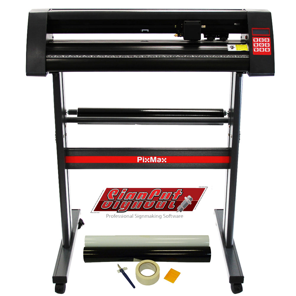 Schwarzer PixMax 720mm Schneideplotter mit rotem Akzent, ausgestattet mit SignCut Pro, Bearbeitungsset, Rollenschneider und Zubehör auf stabiler Basis