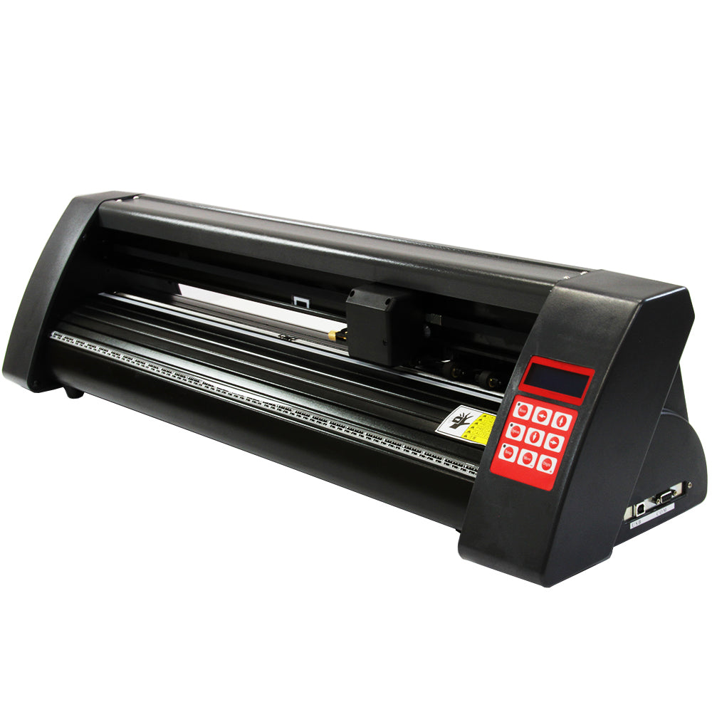 Schwarzer PixMax 720mm Schneideplotter mit rotem Bedienfeld, präziser Schneideeinheit und stabiler Basis für vielseitige Anwendungen in der Grafikbearbeitung
