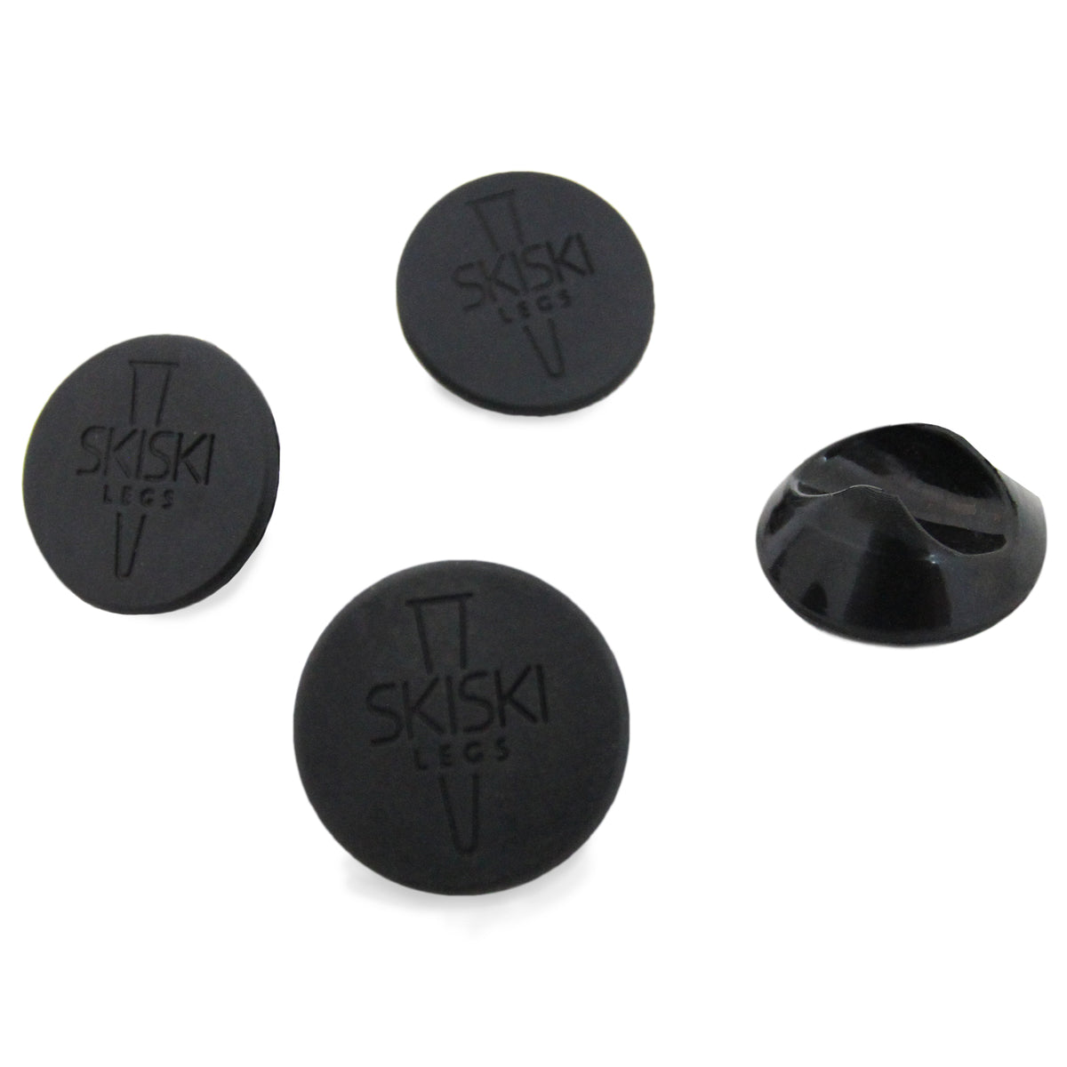 Schwarze, runde Möbelgleiter aus Kunststoff mit dem eingeprägten Logo "SKISKI", ideal zum Schutz von Böden und Möbeln