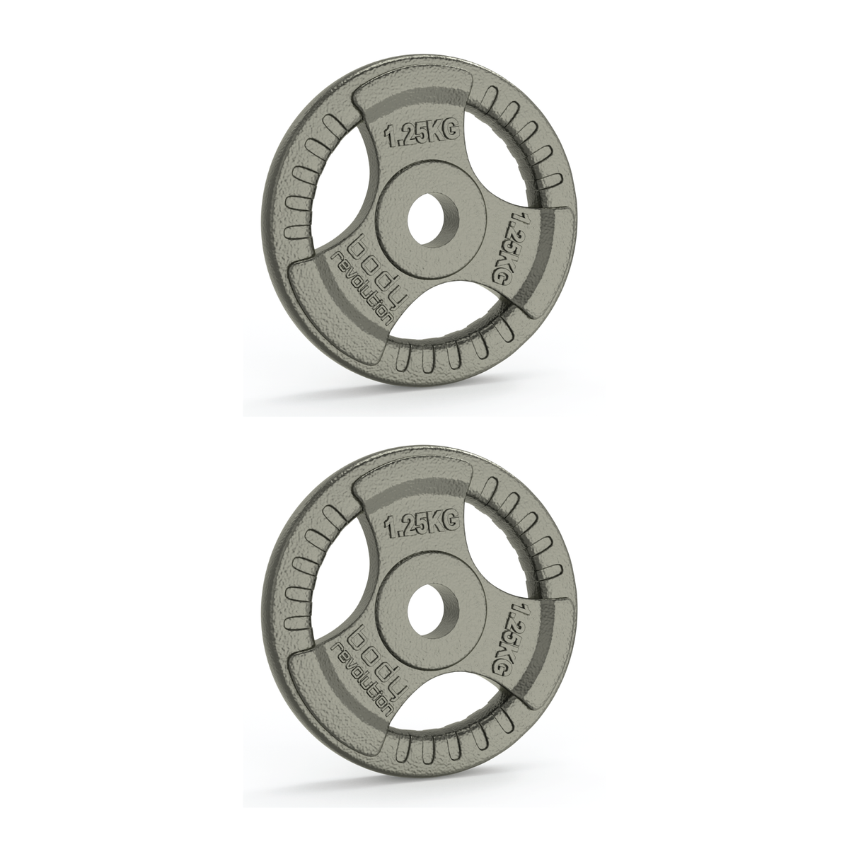 Zwei Gusseisen-Gewichtsscheiben à 1,25 kg in grauer Farbe mit Tri-Griff, ideal für Standard-Hantelstangen mit 1-Zoll-Durchmesser