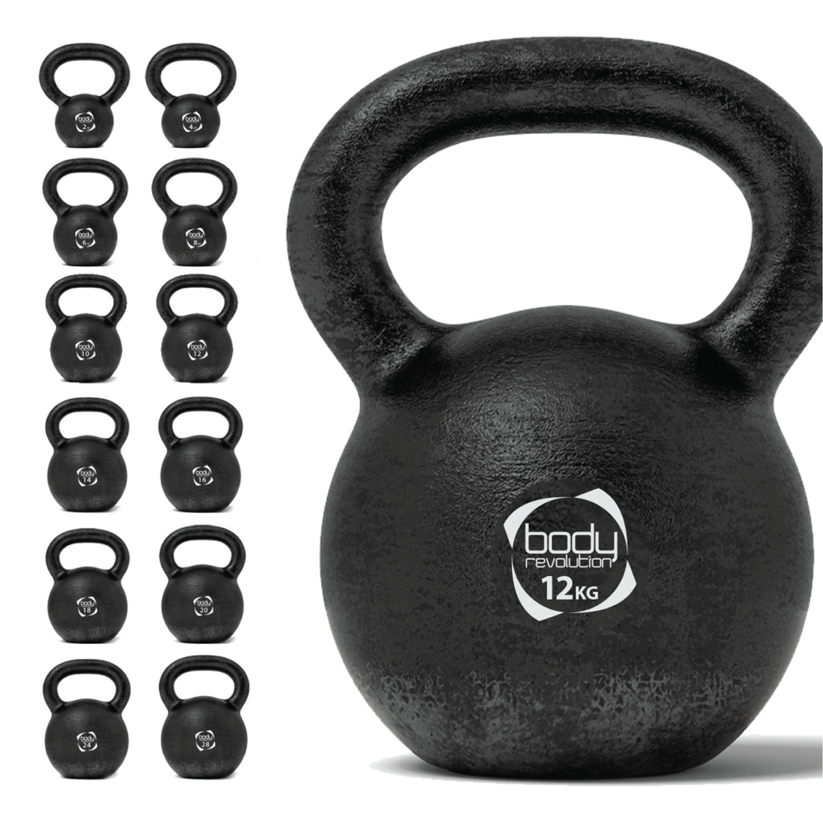 Schwarze Kettlebell aus Gusseisen mit 12 kg, runde Form, strukturierte Oberfläche und breiter Griff für sicheren Halt während des Trainings