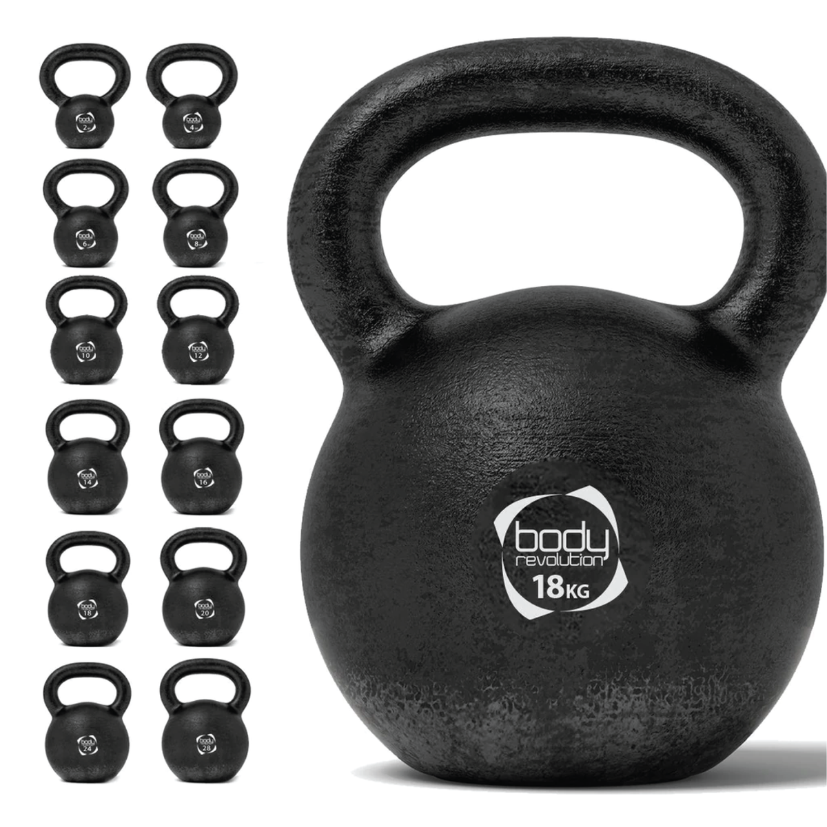 Schwarze Gusseisen-Kettlebell mit 18 kg, runde Form, strukturierte Oberfläche und stabiler Griff, ideal für Krafttraining und Fitnessübungen