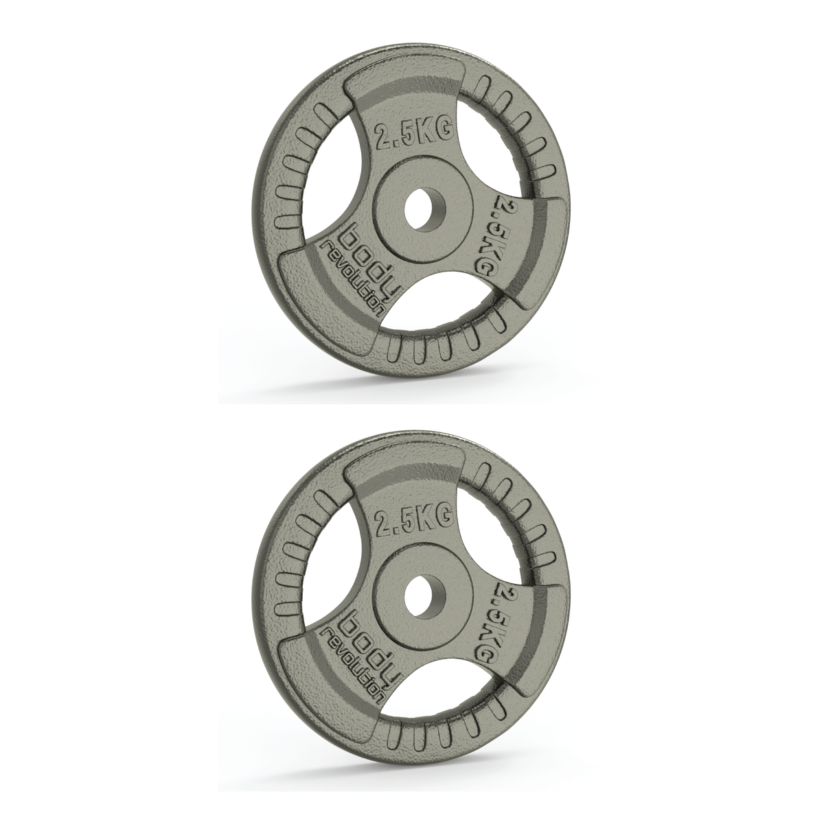 Zwei 2,5-kg-Gusseisenscheiben mit Standard-Dreifachgriff, grau, robust, mit präzisen Gewichtsinformationen und rutschfestem Design