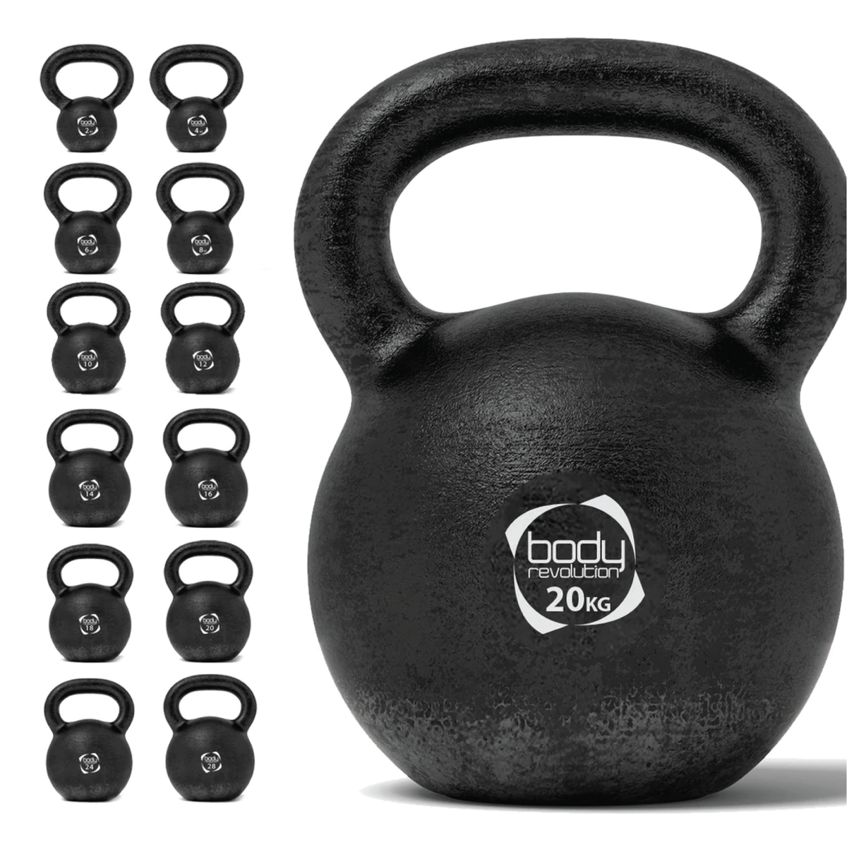 Schwarze Gusseisen-Kettlebell mit 20 kg, runde Form, strukturierte Oberfläche und stabiler Griff für effektives Krafttraining