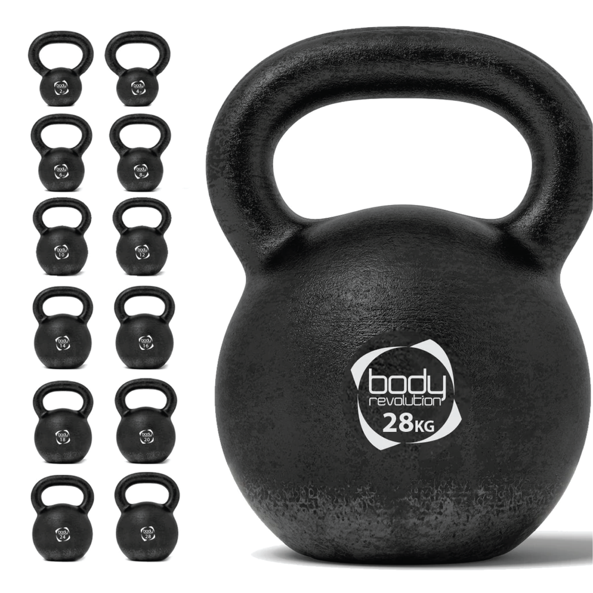 Gusseisen-Kettlebell mit 28 kg, schwarz, runde Form, robuste Oberfläche, ideal für Krafttraining und Fitnessübungen, mit markantem Logo
