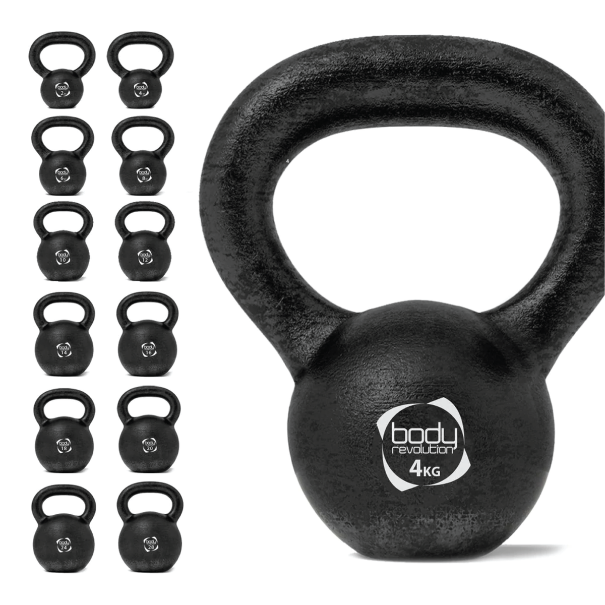 Gusseisen-Kettlebell mit 4 kg Gewicht, schwarz, runde Form, griffiger Handgriff, ideal für Krafttraining und Fitnessübungen
