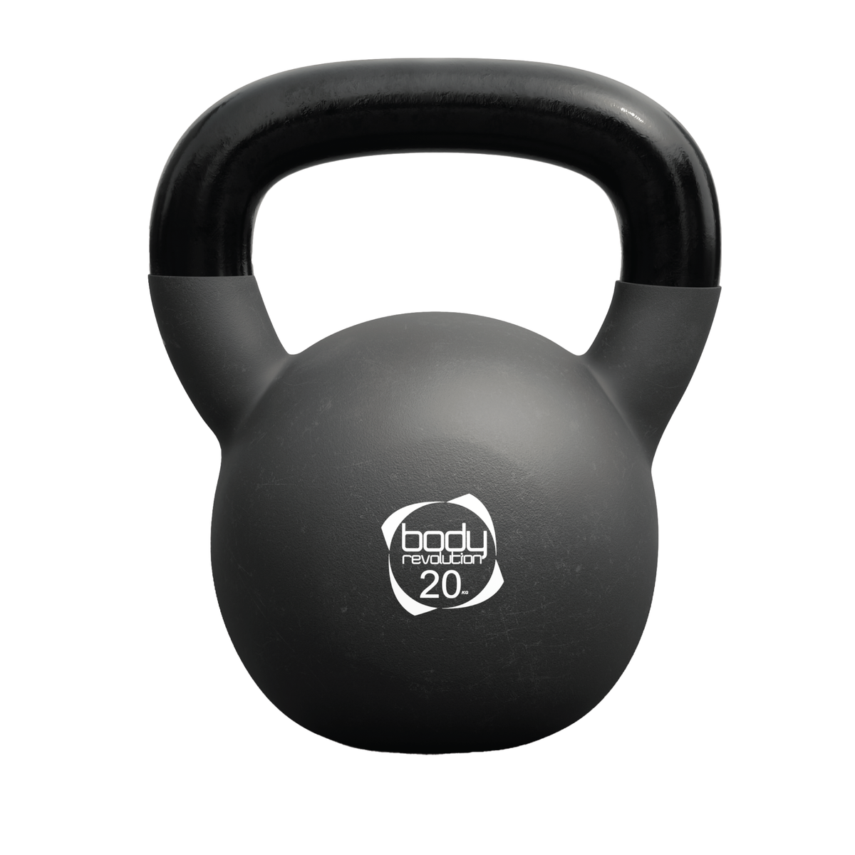 Schwarze 20 kg Neopren-Kettlebell mit ergonomischem Griff, runder Form und glatter Oberfläche, ideal für Krafttraining und Fitnessübungen