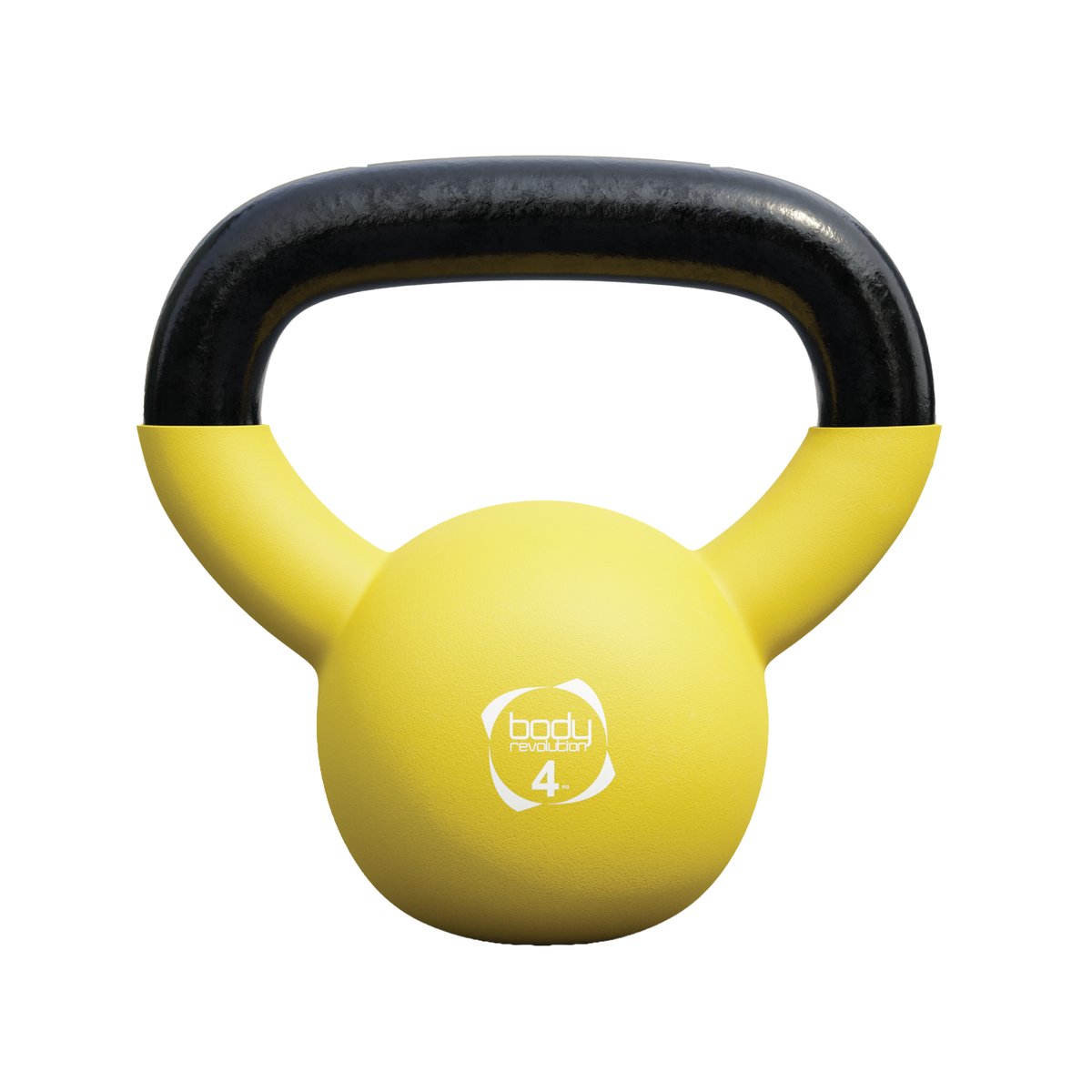 Gelbe 4 kg Neopren-Kettlebell mit schwarzem Griff, runde Form, rutschfeste Oberfläche, ideal für Krafttraining und Fitnessübungen