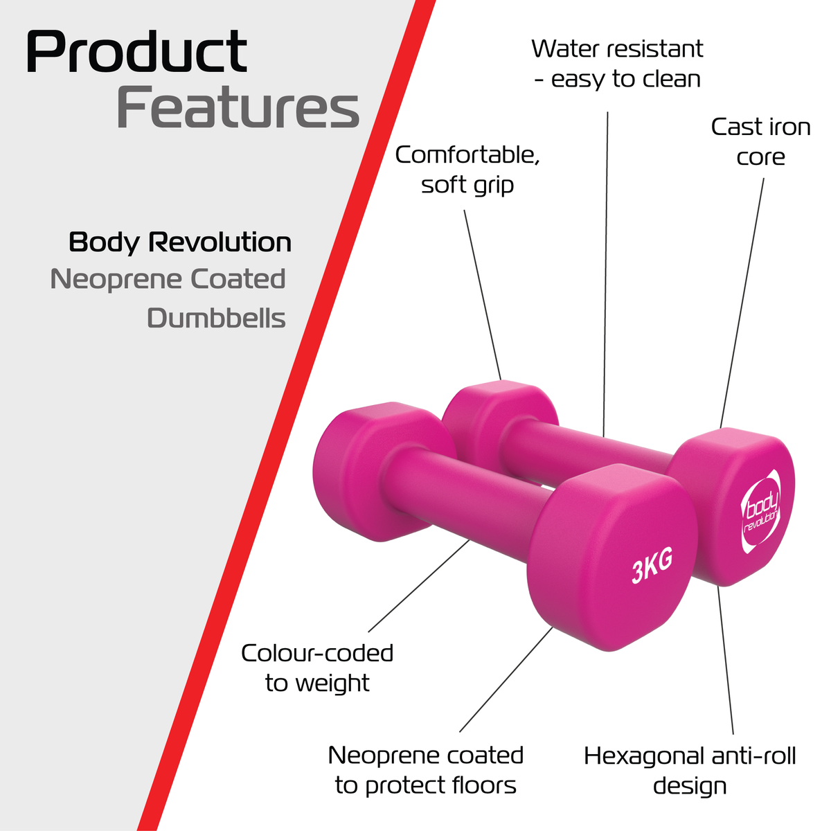 Neopren-Hanteln in leuchtendem Pink, 3 kg, mit hexagonalem Design, rutschfestem Griff und wasserabweisender Oberfläche für einfachen Gebrauch und Reinigung