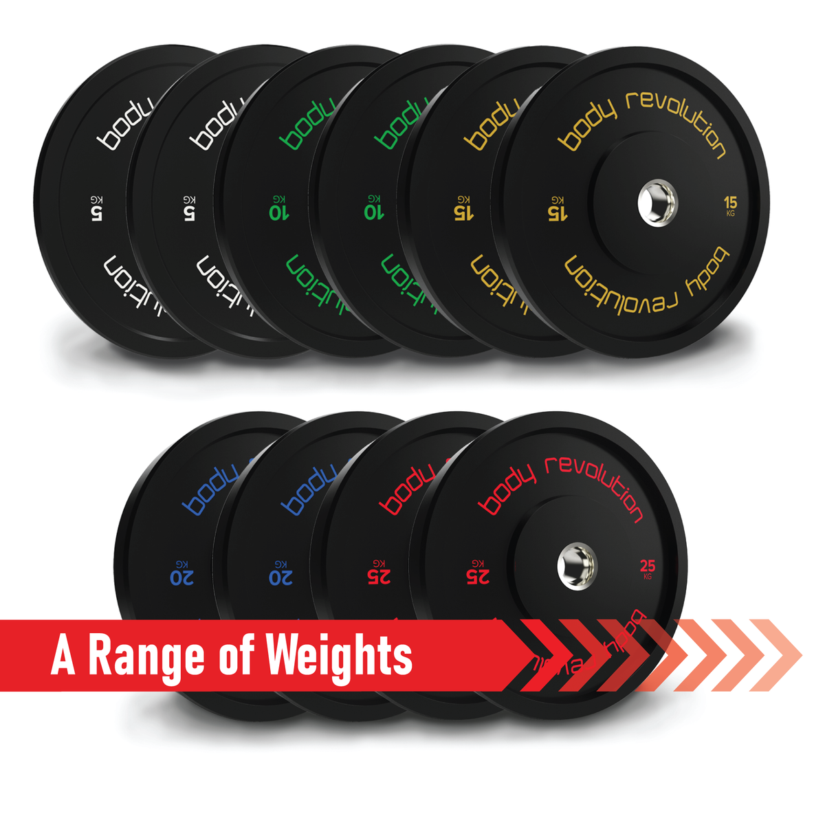 Schwarzes Bumper-Scheiben Set von Body Revolution mit verschiedenen Gewichten, darunter 5 kg, 10 kg, 15 kg, 20 kg, 25 kg und 70 kg, ideal für das Gewichtstraining