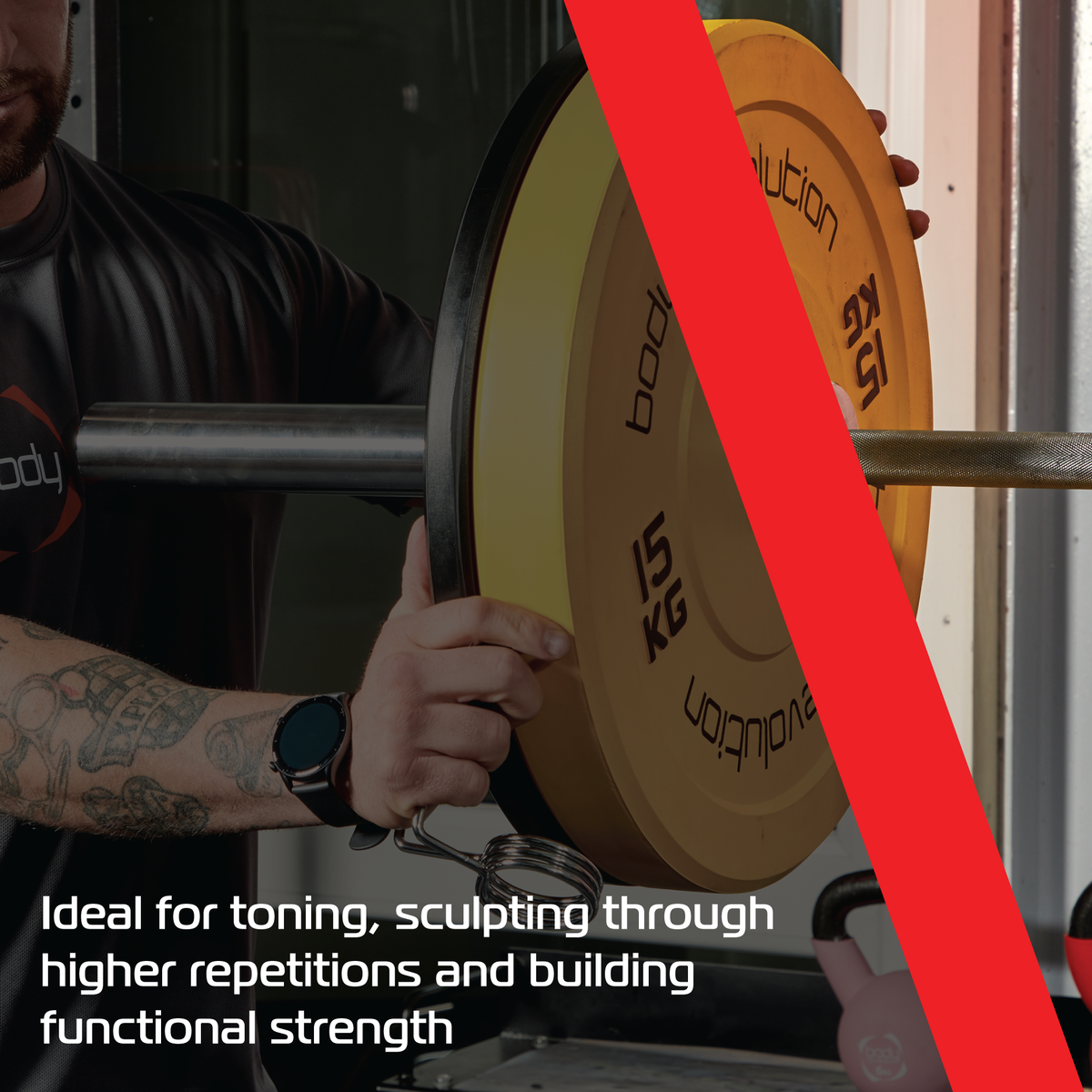 Bunte 15-kg-Olympische Bumper-Platte in Gelb, robustes Material, ideal für Krafttraining und funktionelle Fitness, mit klarer Beschriftung