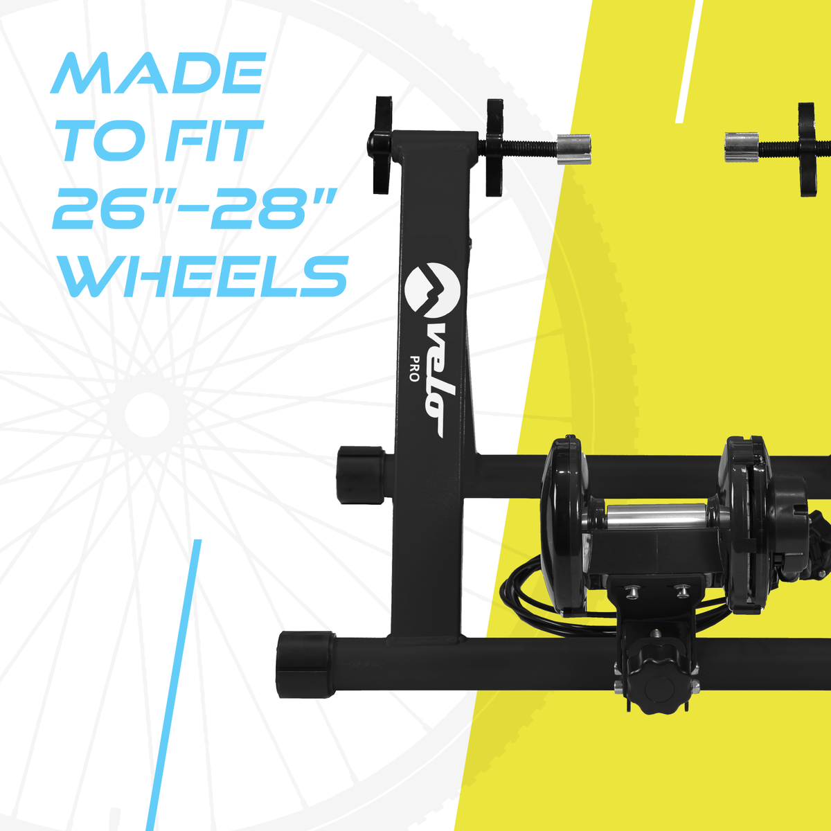 Schwarzer magnetischer Rollentrainer von Velo Pro, geeignet für 26"-28" Räder, mit stabiler Metallkonstruktion und verstellbaren Halterungen