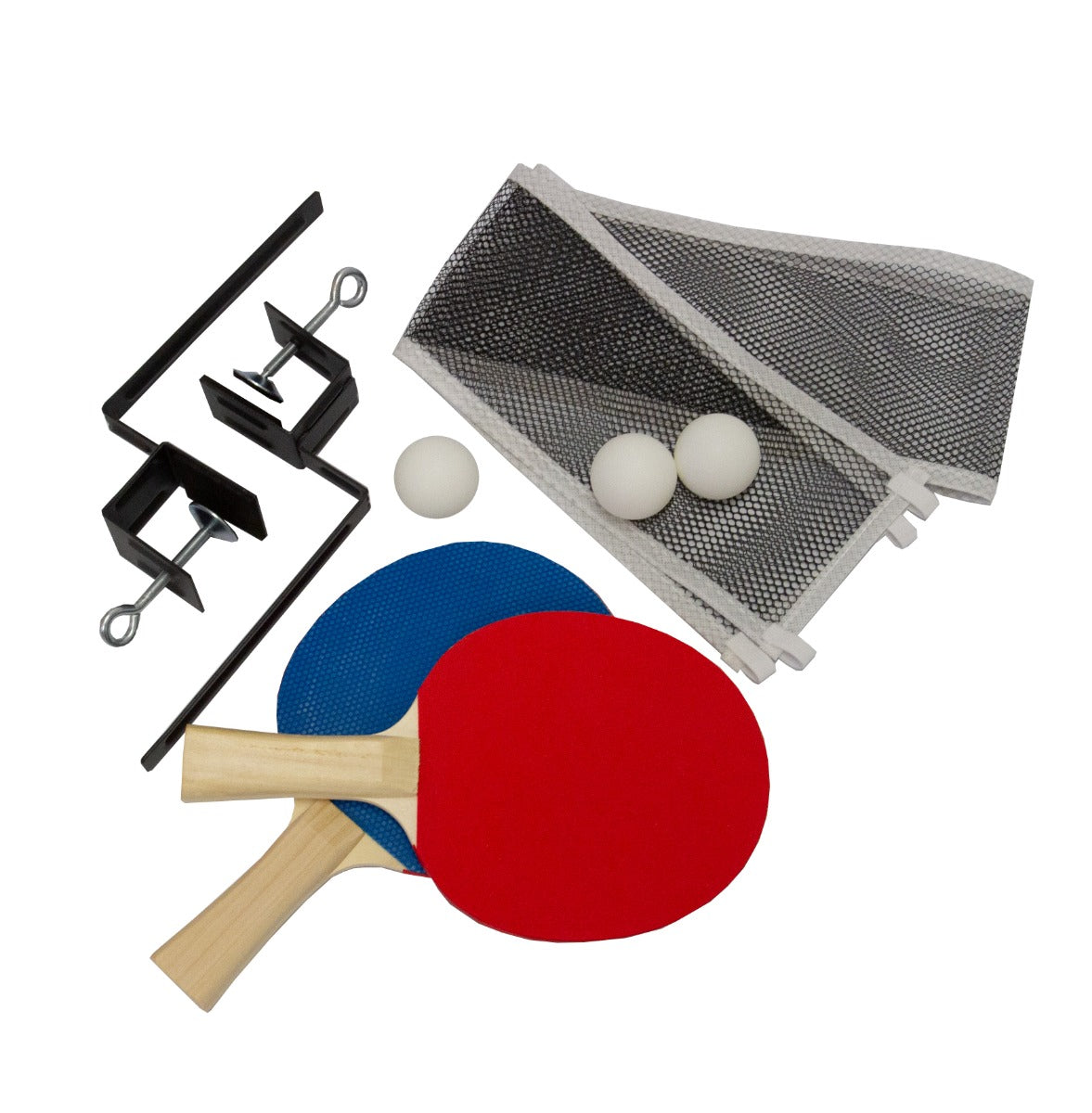 Klappbare Tischtennisplatte mit rotem und blauem Schläger, weißen Bällen, Netz und Halterungen, ideal für drinnen und draußen, praktische Aufbewahrung