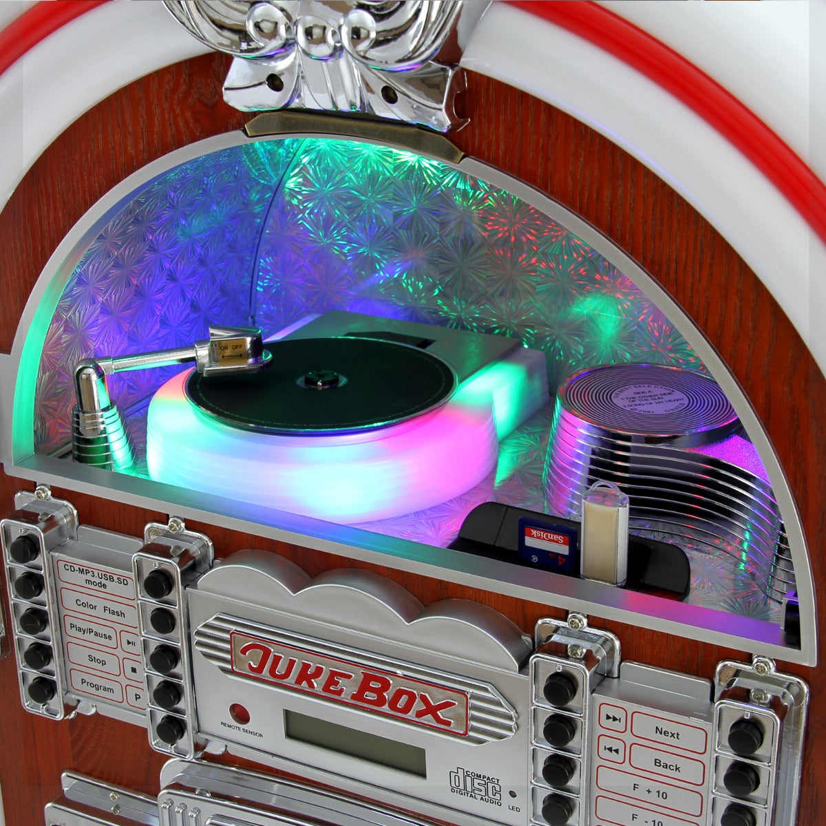 Retro 50er Jahre Jukebox mit bunten LED-Lichtern, glänzendem Chrom, Holzoptik und einem Plattenspieler im Inneren, ideal für nostalgische Musikliebhaber
