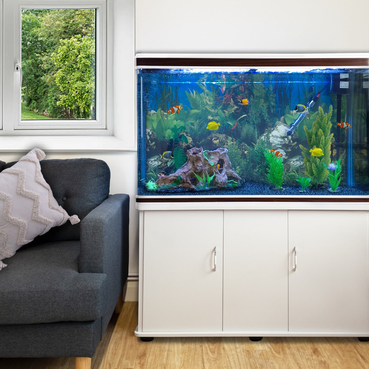 300L Aquarium Komplettset mit Unterschrank, blauer Kies, lebendige Fische, grüne Pflanzen, modernes Design, gemütliche Wohnzimmereinrichtung