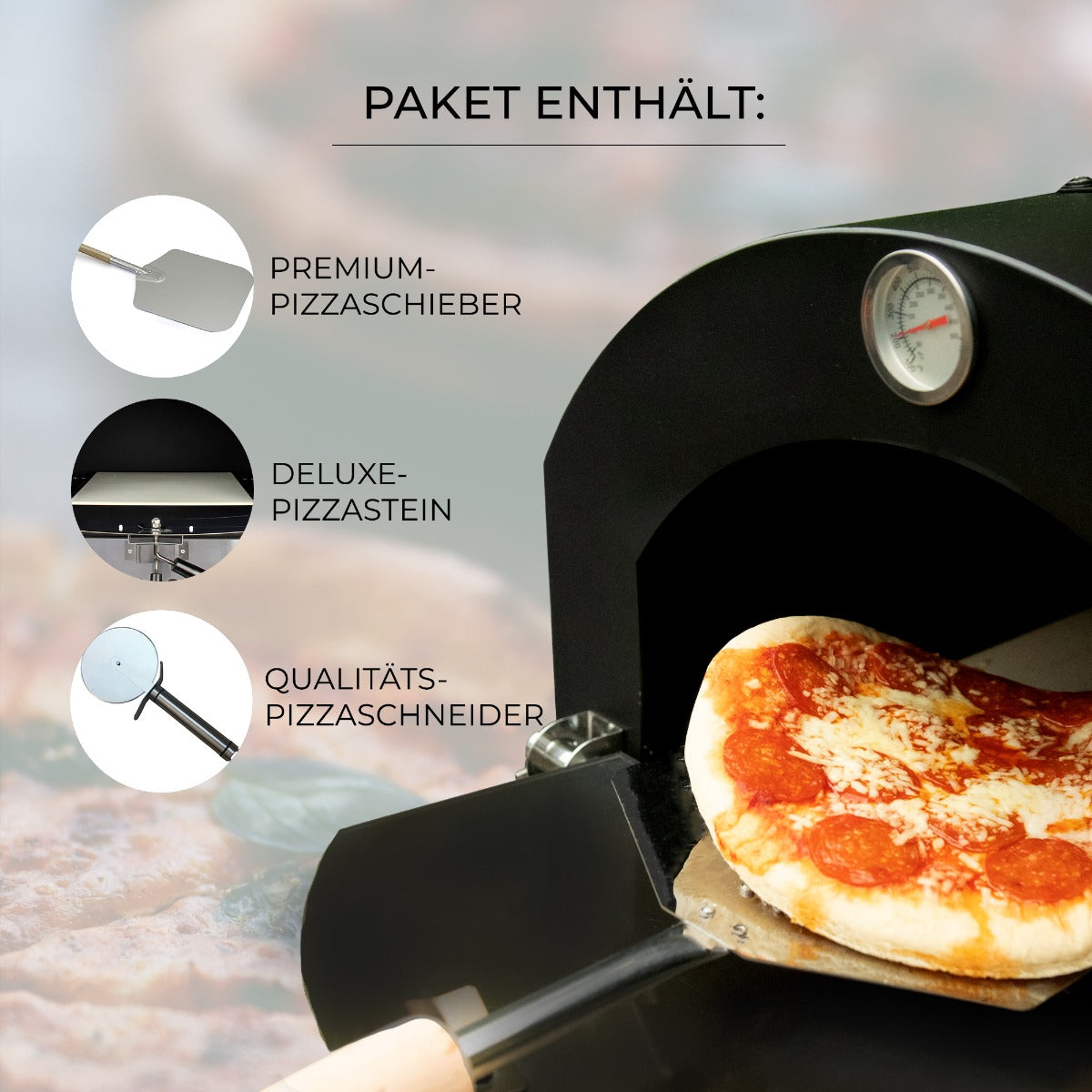 Schwarzer KuKoo Outdoor Pizzaofen mit Sichtfenster, ausgestattet mit Premium-Pizzaschieber, Deluxe-Pizzastein und Qualitäts-Pizzaschneider