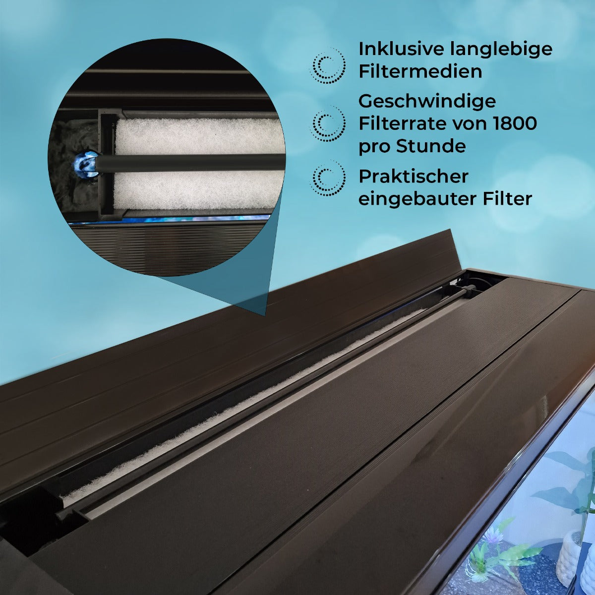 Schwarzes 300 Liter Aquarium mit integriertem Filter, langlebigen Filtermedien und einer hohen Filterrate von 1800 Litern pro Stunde