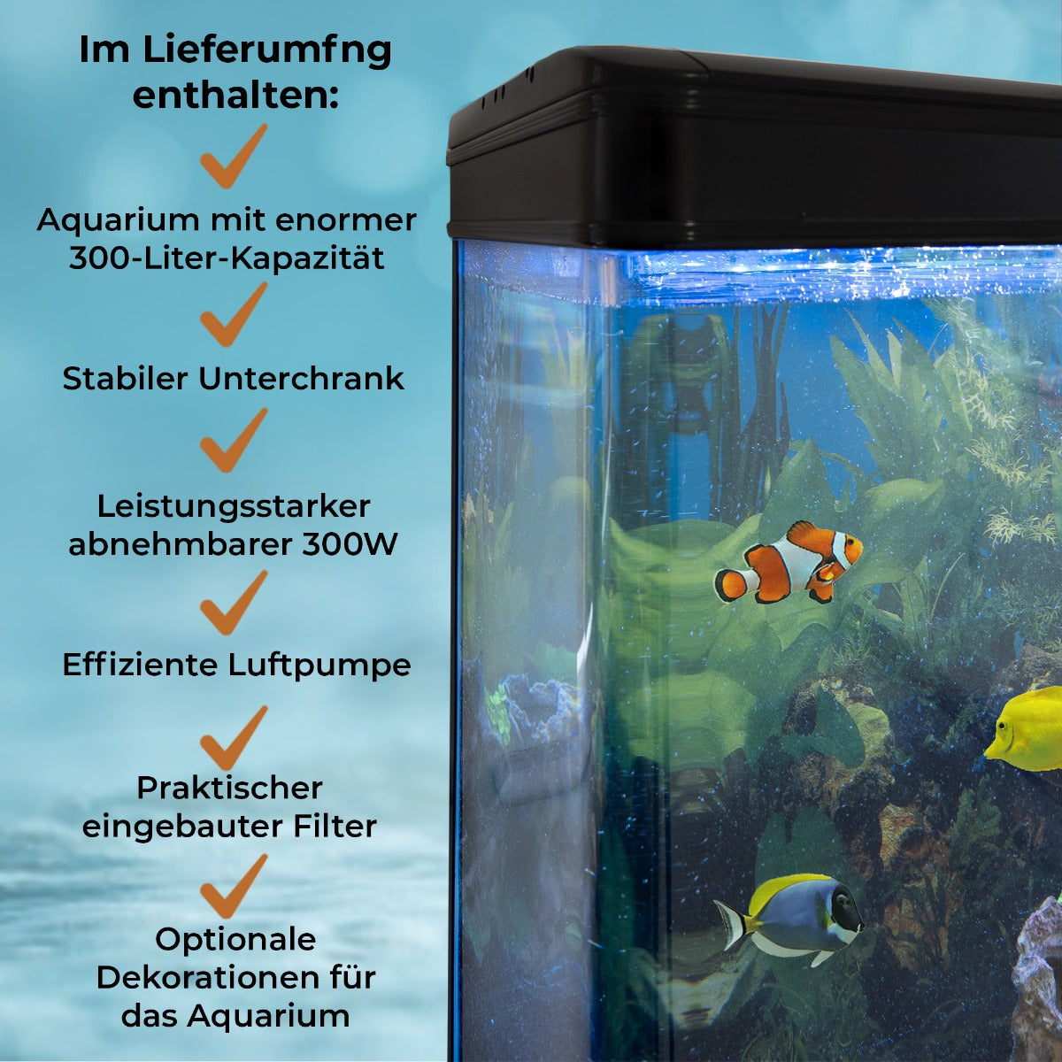 Schwarzes 300-Liter-Aquarium mit klarem Wasser, bunten Fischen, stabiler Abdeckung und praktischem Filter, ideal für Aquarienliebhaber