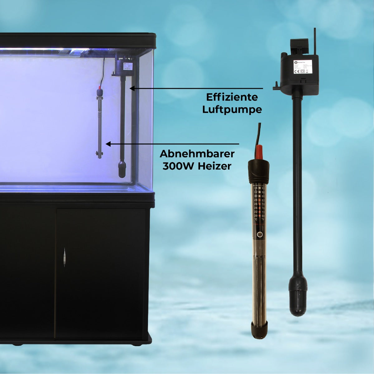 Aquarium Starter Komplettset mit schwarzem Unterschrank, effizienter Luftpumpe und abnehmbarem 300W Heizer, ideal für Aquarienliebhaber