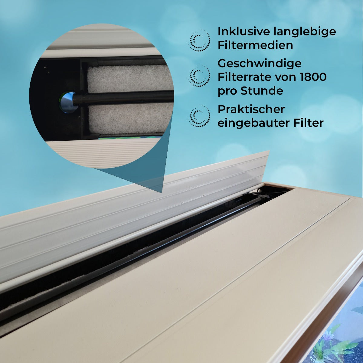 Weißer Aquarium-Unterschrank mit integriertem Filter, der 1800 Liter pro Stunde reinigt, und langlebigen Filtermedien für optimale Wasserqualität
