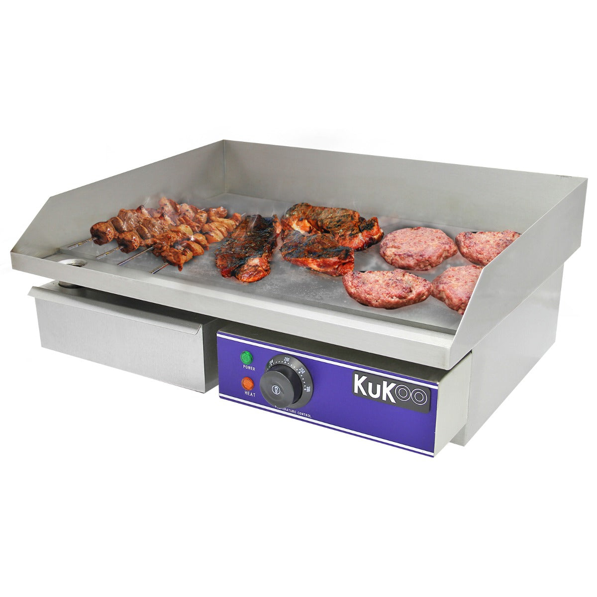 Gastro Griddle-Platte aus Edelstahl mit einer großen Grillfläche, auf der saftige Fleischstücke und Burger brutzeln, ideal für die Gastronomie