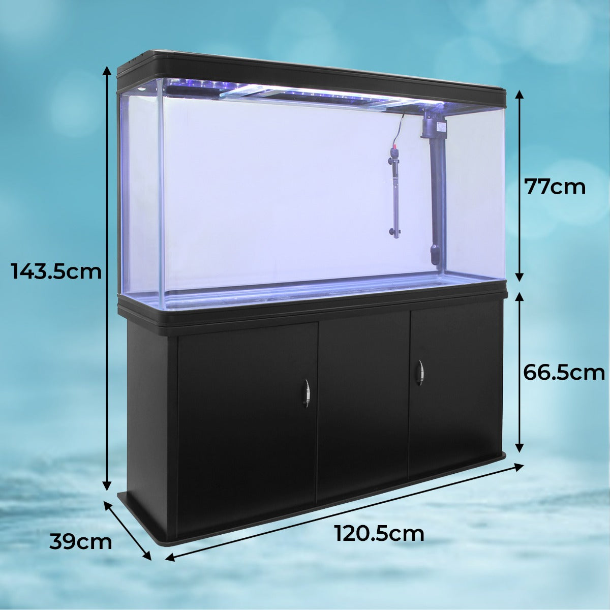 Schwarzes 300 Liter Aquarium mit transparentem Glas, LED-Beleuchtung und einem stabilen Unterschrank, ideal für Aquarienliebhaber und Fischhaltung