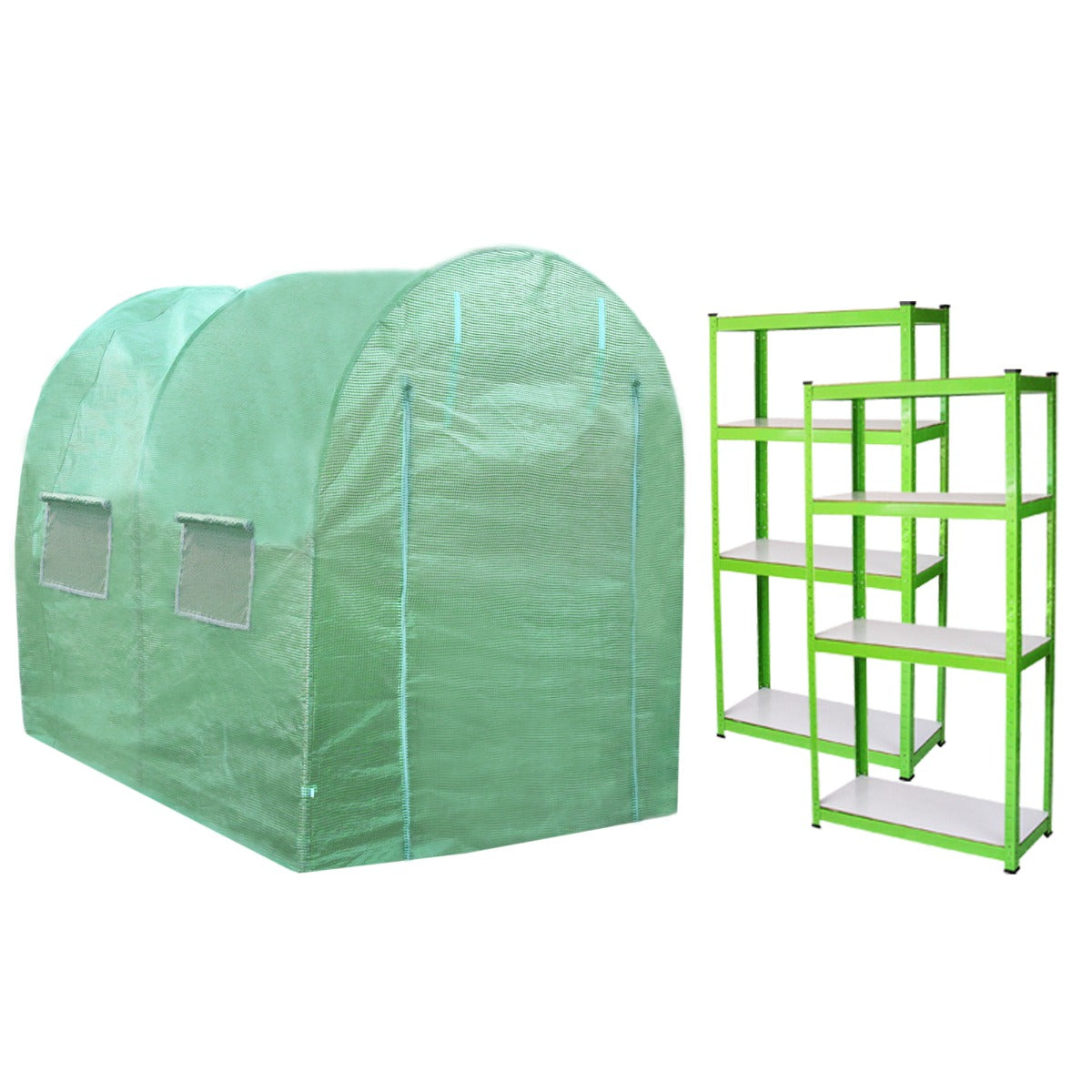 Polytunnel in hellem Grün, 4m x 2m, mit transparenten Fenstern, daneben grüne Regale mit weißen Ablagen, ideal für Pflanzenzucht und Gartenarbeit