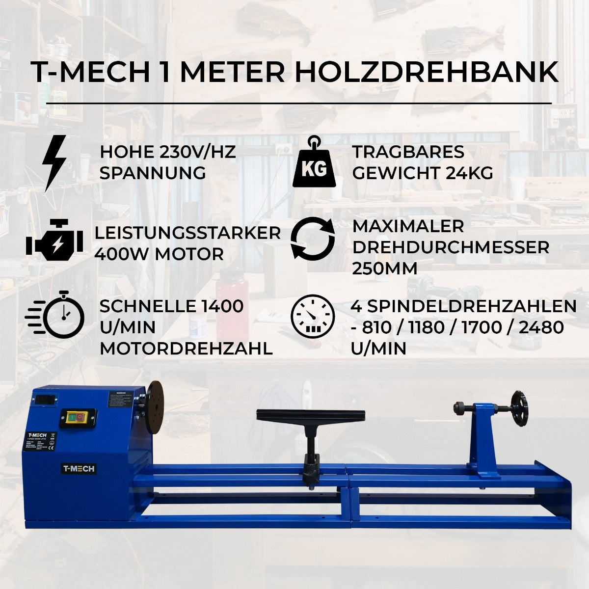 T-Mech Holz-Drechselbank in leuchtendem Blau mit robustem Metallrahmen, verstellbarem Handrad und technischen Spezifikationen für präzises Drechseln