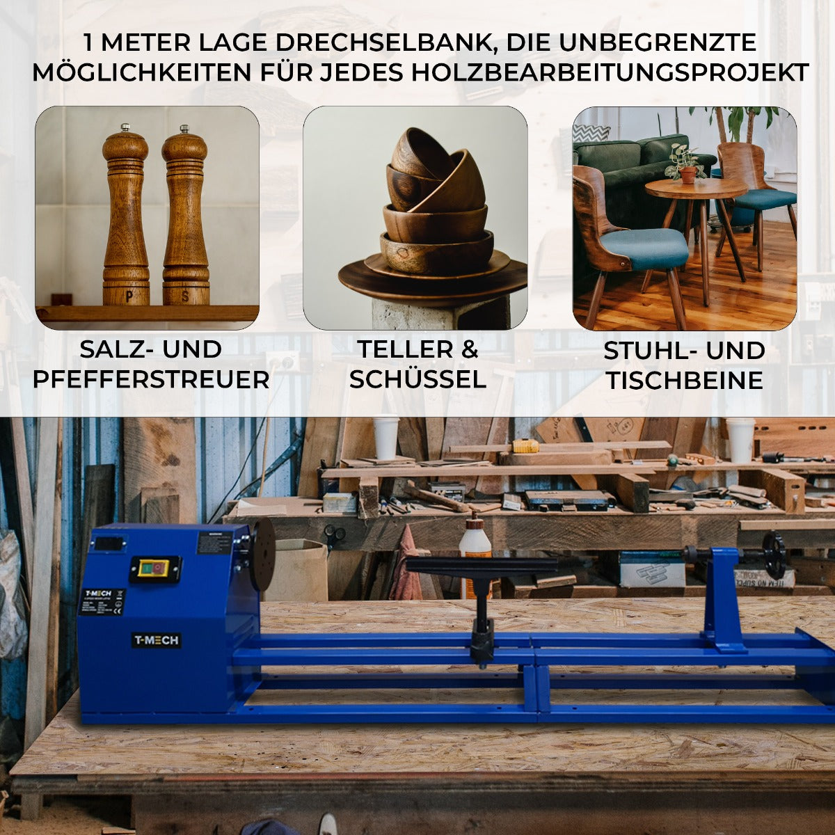 T-Mech Drechselbank in leuchtendem Blau, umgeben von Holzwerkzeugen, zeigt Holzschalen, Stühle und Gewürzmühlen auf einer Werkbank aus Holz