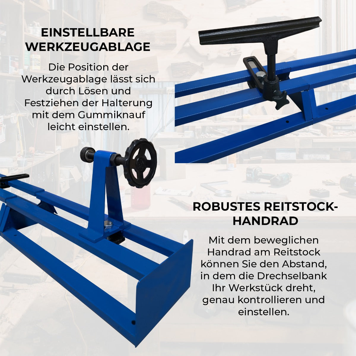 Einstellbare Werkzeugablage in leuchtendem Blau mit Gummiauflage, robuster Reitstock-Handrad für präzise Kontrolle an der T-Mech Drechselbank