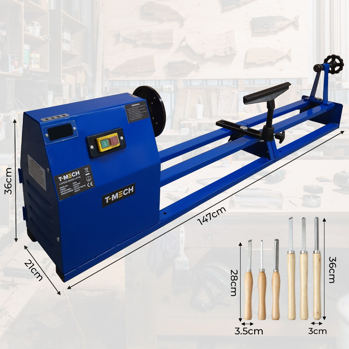 T-Mech Drechselbank in leuchtendem Blau mit präziser Steuerung, robustem Design und verschiedenen Holzwerkzeugen, ideal für Holzverarbeitung