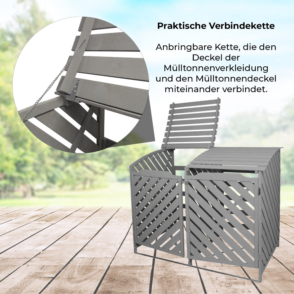 Mülltonnenverkleidung für zwei 240L Tonnen in grau gewaschenem Holz, mit schrägen Lamellen und praktischer Kette zur Deckelverbindung