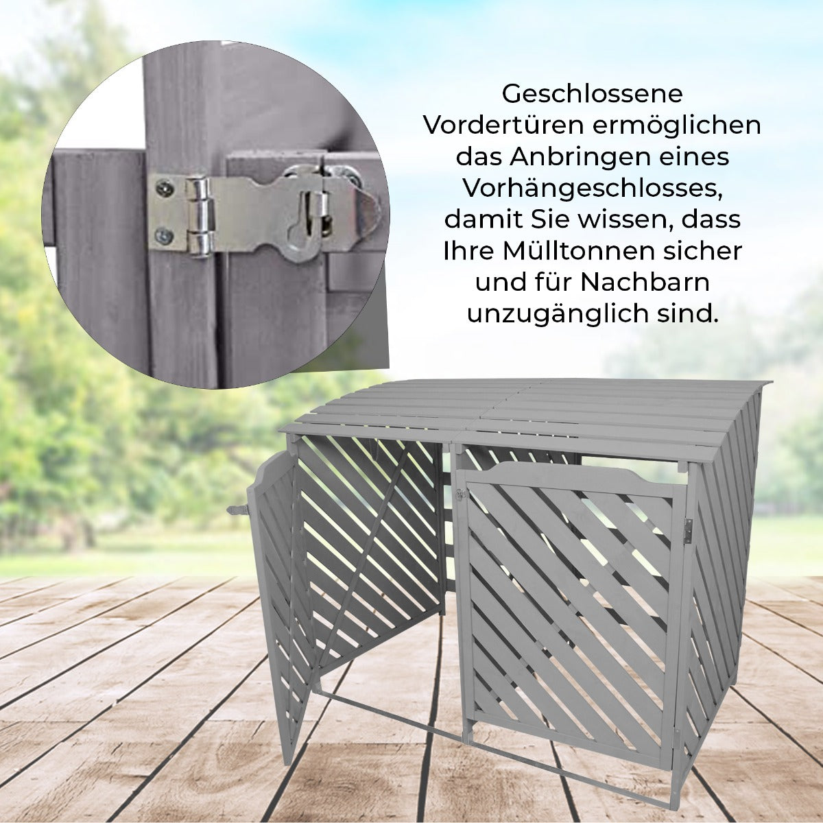 Mülltonnenverkleidung für 2 x 240L, grau gewaschenes Holz, mit geschlossenen Vorderüren und Platz für Vorhängeschloss, ideal für Sicherheit und Nachbarn