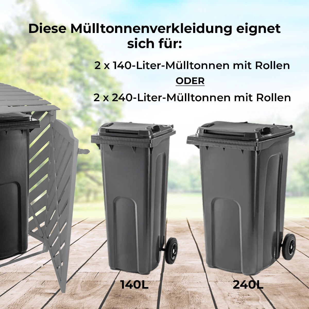 Mülltonnenverkleidung aus grau gewaschenem Holz, passend für zwei 240L-Mülltonnen, mit eleganter, schützender Struktur und natürlichem Look