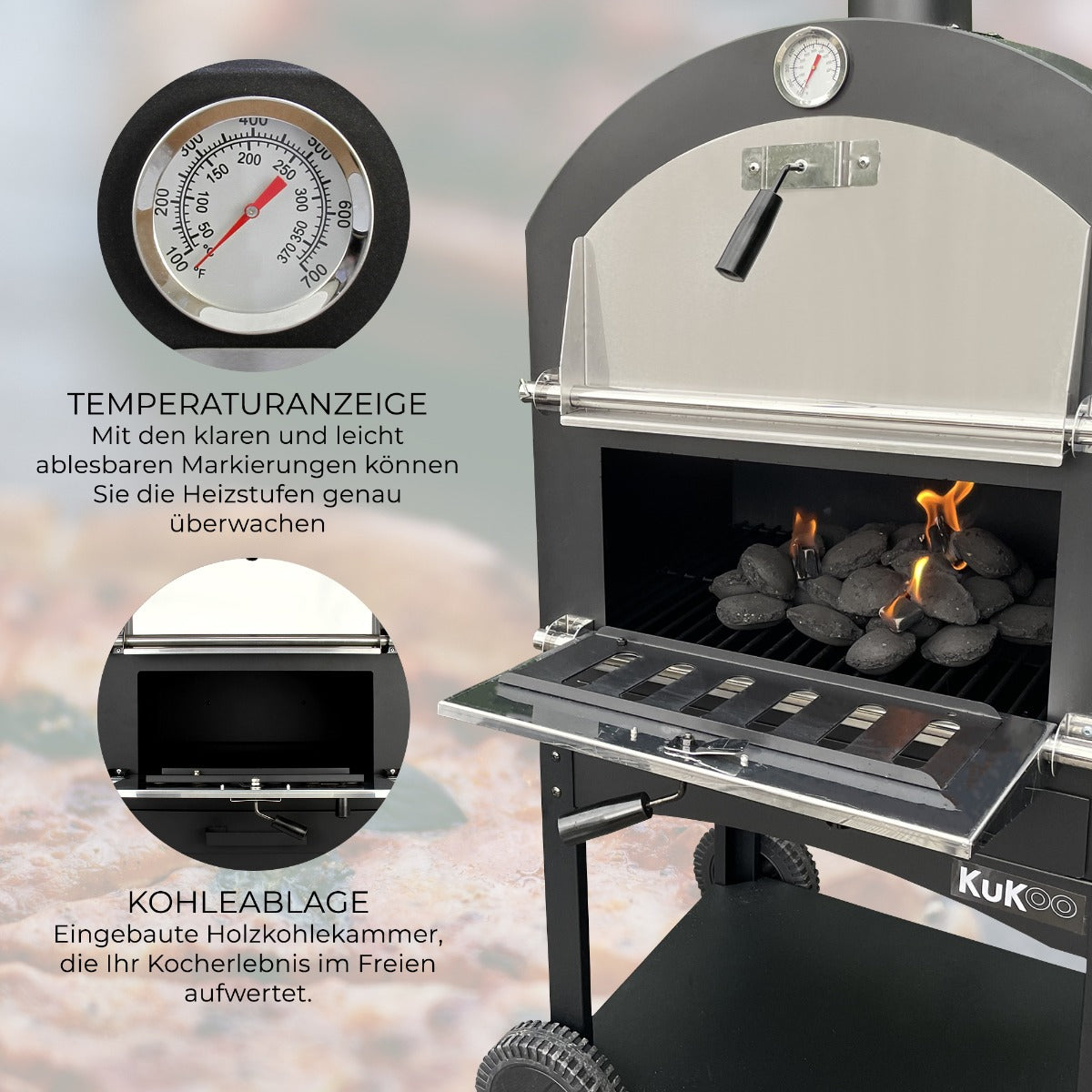 Der KuKoo Outdoor Pizzaofen mit Temperaturanzeige, Edelstahlfront und Holzablage, ideal für das Kochen im Freien bei jedem Wetter