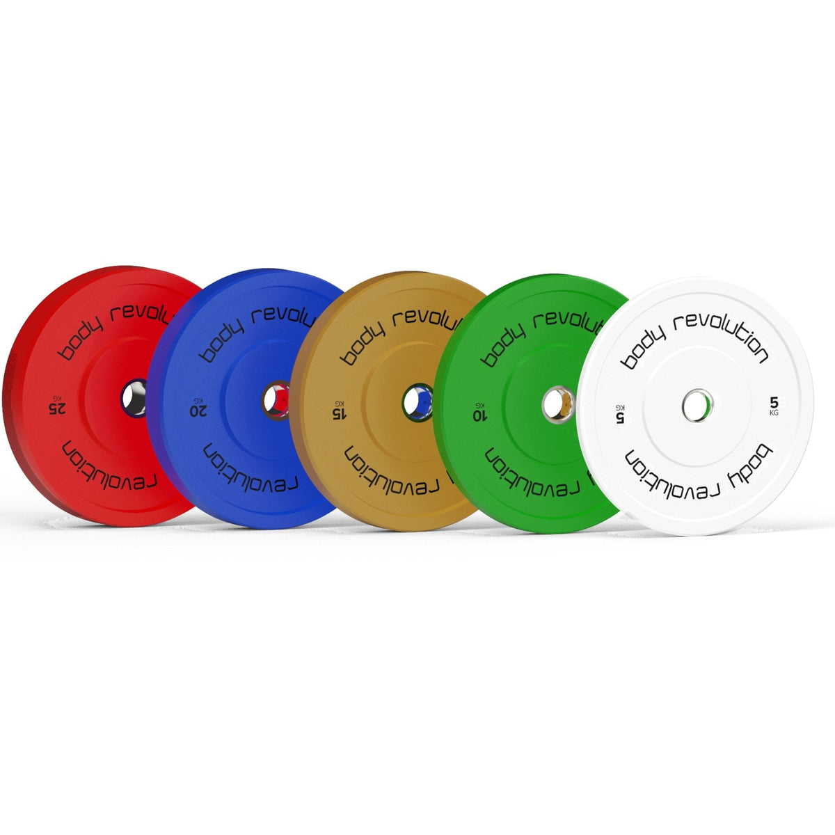 Bunte Bumper-Platten in Rot, Blau, Grün, Gelb und Weiß, aus strapazierfähigem Gummi, ideal für das Gewichtheben und Fitness-Training