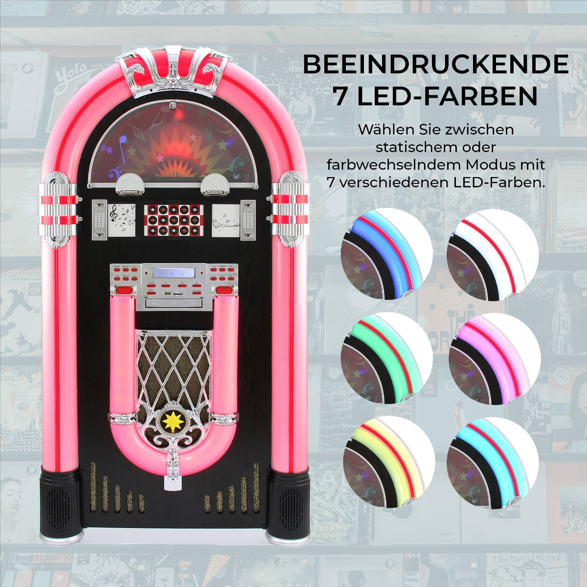 Retro Jukebox in leuchtendem Pink mit 7 LED-Farben, glänzenden Chromdetails und klassischem Gitternetzdesign, ideal für Vinyl-Liebhaber
