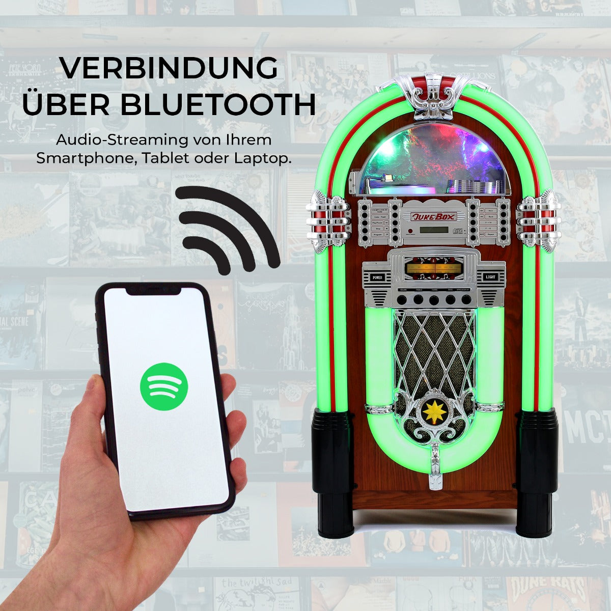 Retro 50er Jahre Jukebox mit bunten Neonlichtern, Holz- und Metallakzenten, Bluetooth-Verbindung für Audio-Streaming von Smartphone oder Laptop