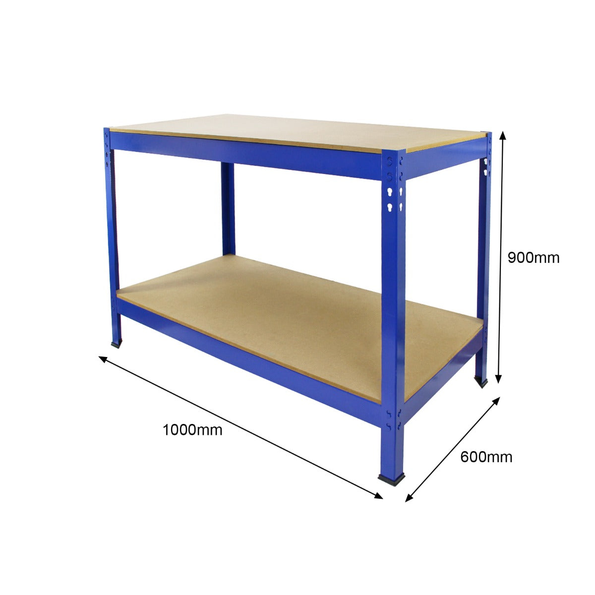 Robuste Q-Rax Werkbank in Blau mit einer stabilen MDF-Oberfläche, zwei Ebenen und einer Höhe von 90 cm, ideal für Werkstätten und Garagen