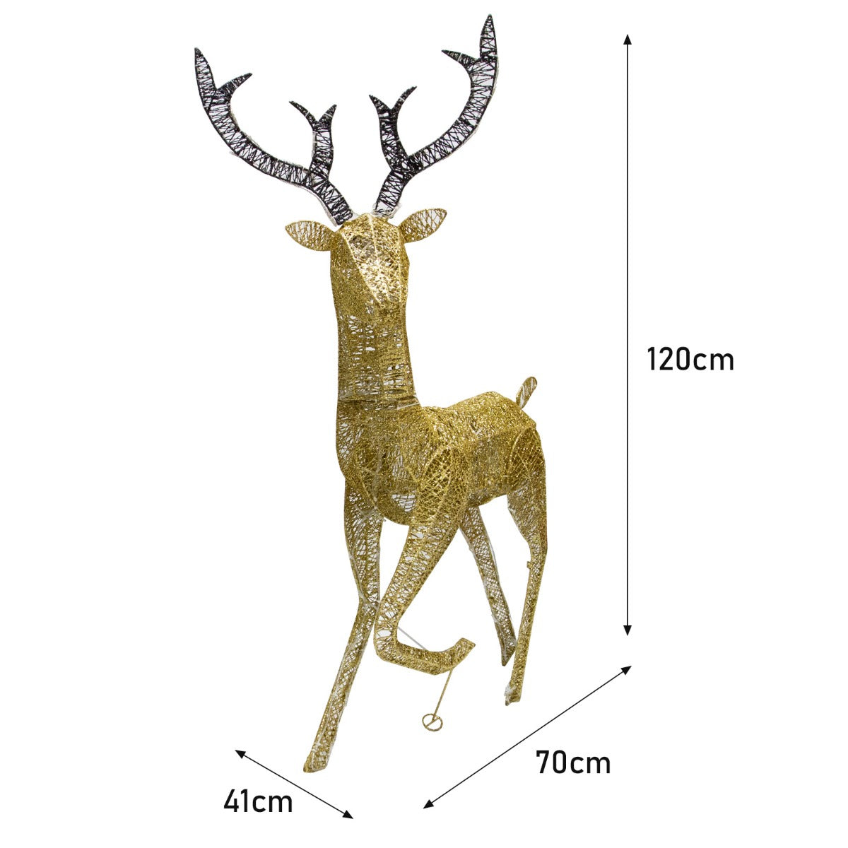 Beleuchtetes Rentier-Set mit einem 61 cm großen Reh und einem 1,2 m hohen Hirsch, beide in goldener Farbe mit filigranen Details und leuchtenden LED-Lichtern